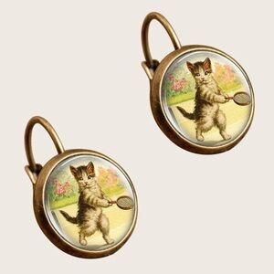 New Vintage Tennis Cat Print Round Copper Jewelry Small Drop Dangle Earrings
